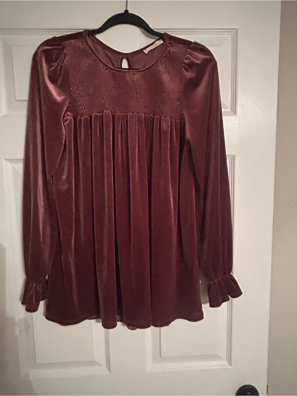 Velvet Long-Sleeve Babydoll Tunic in Bronze